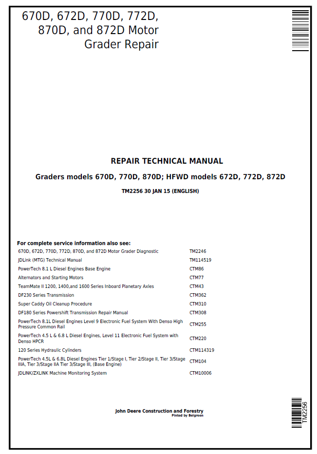 TM2256 John Deere 670D 672D 770D 772D Motor Grader Manual