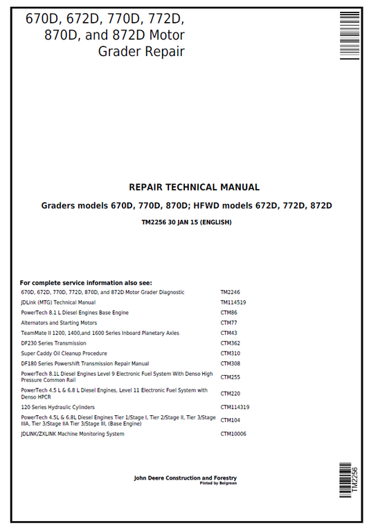 TM2256 John Deere 670D 672D 770D 772D Motor Grader Manual