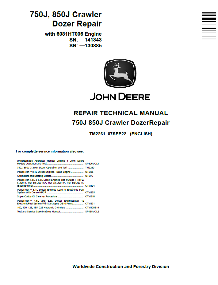 TM2261 John Deere 750J 850J Crawler Dozer Repair Manual