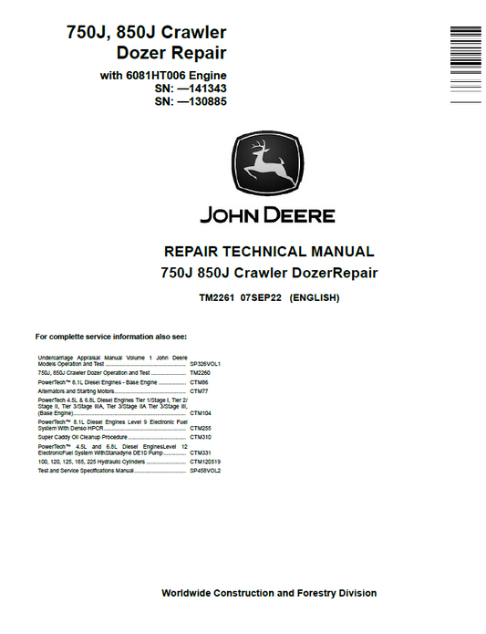 TM2261 John Deere 750J 850J Crawler Dozer Repair Manual