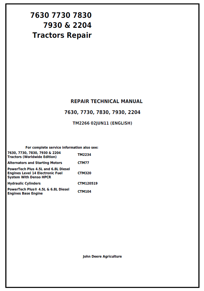 TM2266 John Deere 7630 7730 7830 7930 & 2204 Tractor Repair Manual PDF