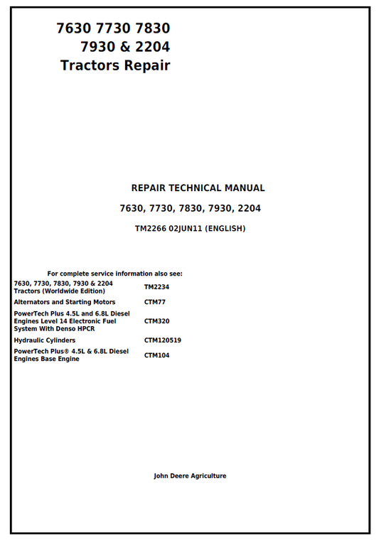 TM2266 John Deere 7630 7730 7830 7930 & 2204 Tractor Repair Manual PDF