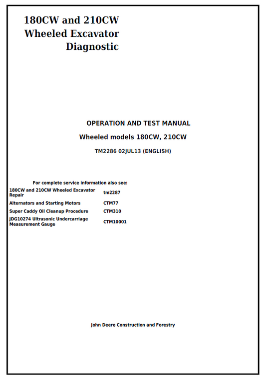 TM2286 John Deere 180CW & 210CW Wheeled Excavator Diagnostic Manual