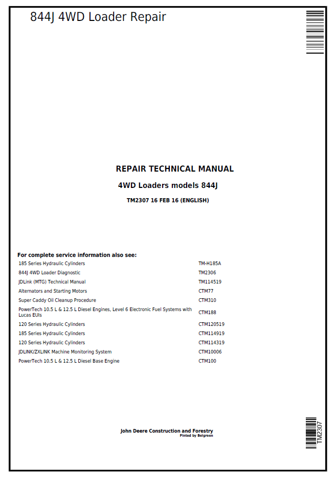 TM2307 John Deere 844J 4WD Loader Technical Repair Service Manual