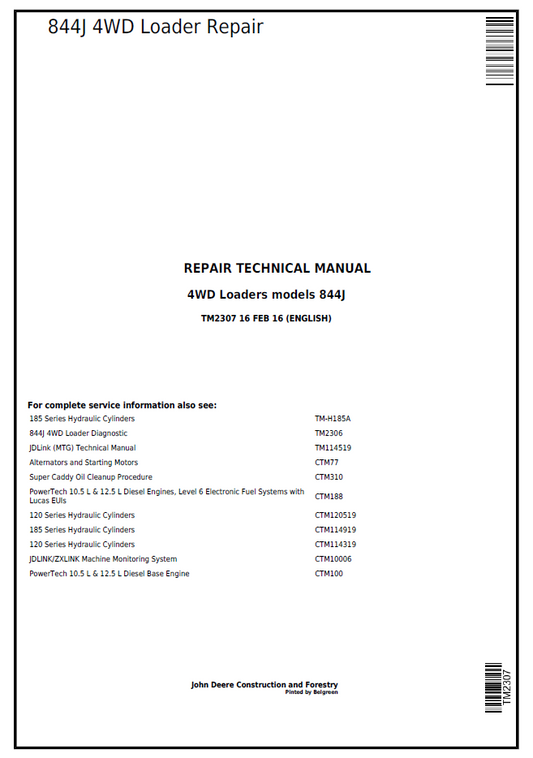 TM2307 John Deere 844J 4WD Loader Technical Repair Service Manual
