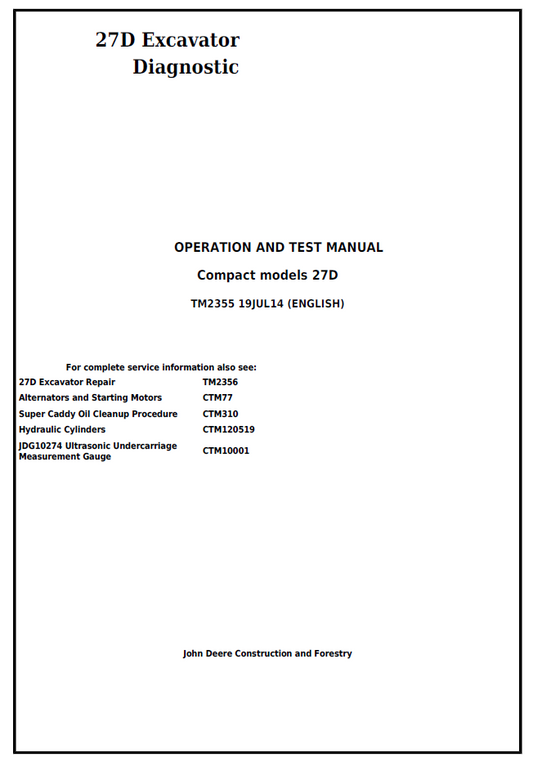 TM2355 John Deere 27D Compact Excavator Diagnostic & Test Manual PDF