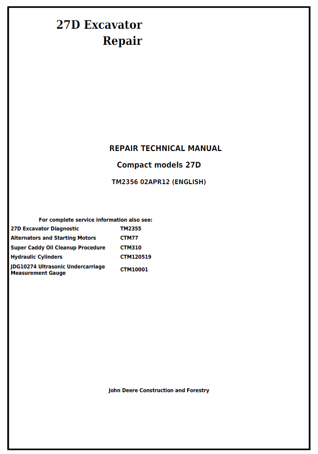 TM2356 John Deere 27D Compact Excavator Repair Technical Manual PDF