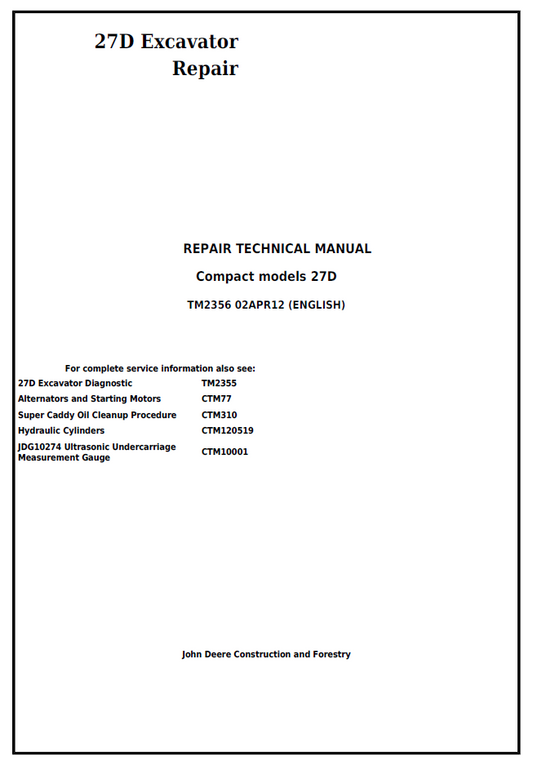 TM2356 John Deere 27D Compact Excavator Repair Technical Manual PDF