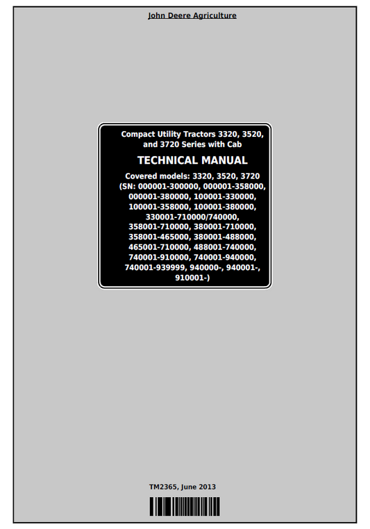 TM2365 John Deere 3320 3520 3720 Compact Utility Tractor Technical Manual