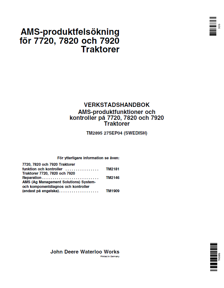 TM2895 John Deere 7720 7820 7920 Tractor Service Technical Manual PDF