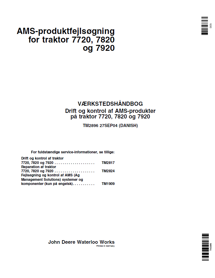 TM2896 John Deere 7720 7820 7920 Tractor Technical Manual PDF Download