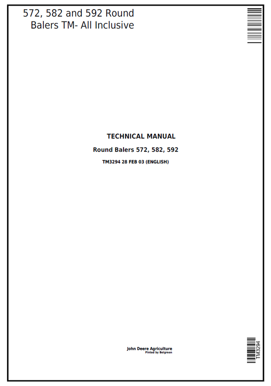 TM3294 John Deere 572 582 592 Round Baler Complete Technical Manual