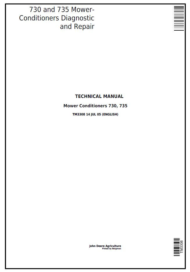 TM3308 John Deere 730 735 Mower-Conditioner Diagnostic Repair Manual