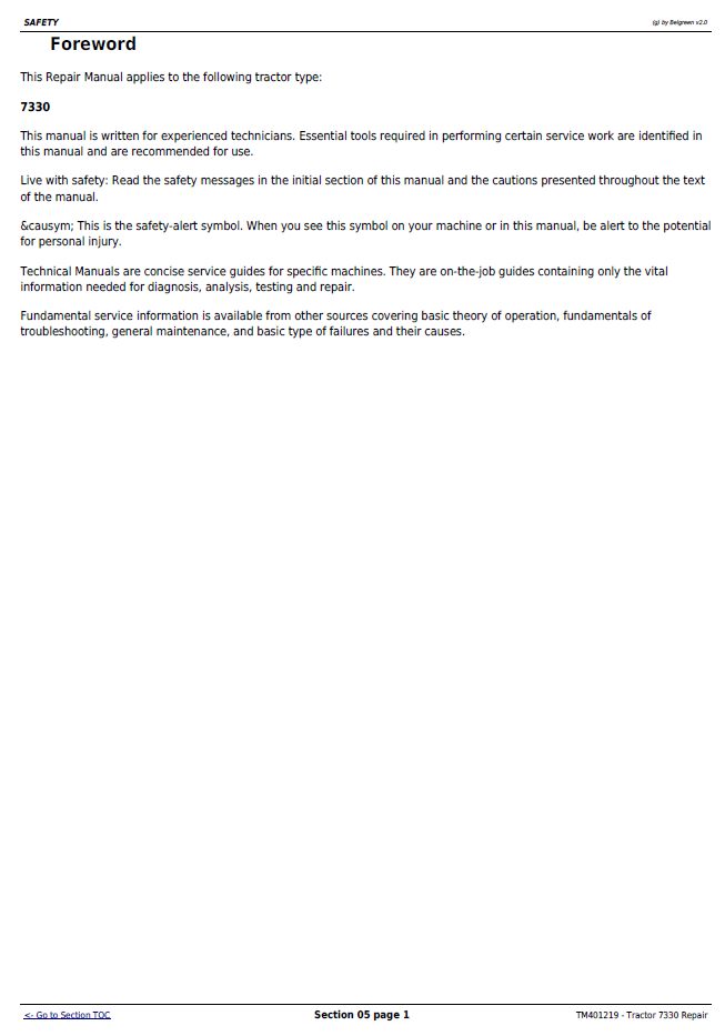 TM401219 John Deere 7330 2WD MFWD Tractor Workshop Manual