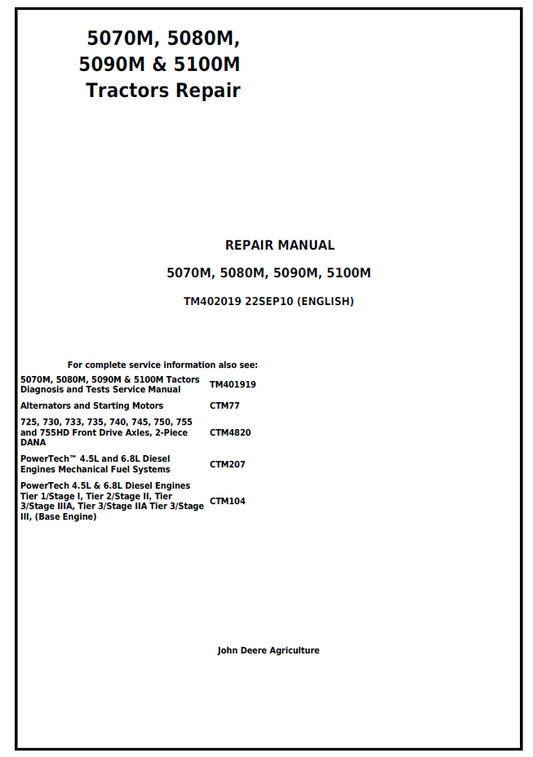 TM402019 John Deere 5070M 5080M 5090M 5100M Tractor Repair Manual