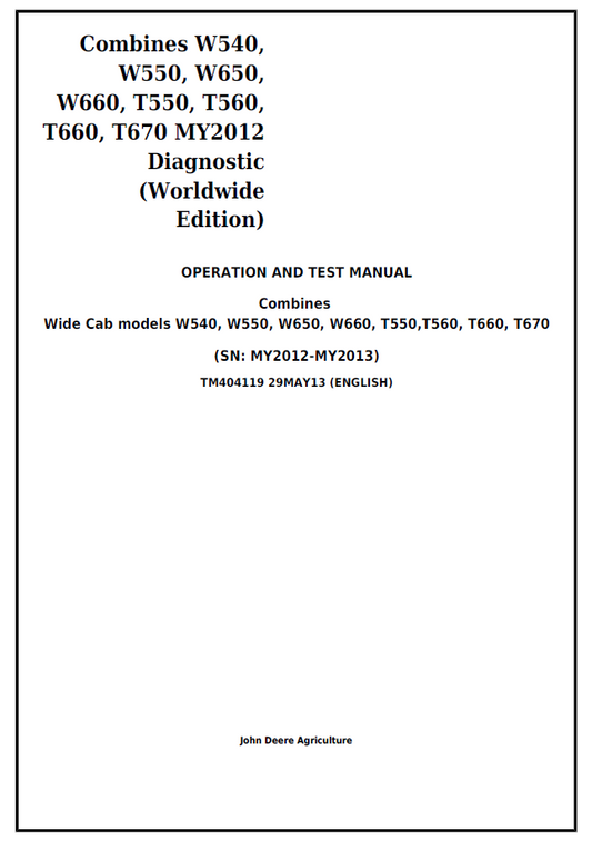 TM404119 John Deere W & T Series Combine Diagnostic Test Manual