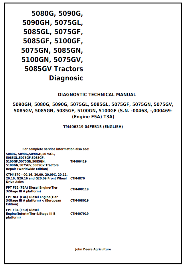 TM406319 John Deere 5075–5100 G GN GF GL Diagnostic Technical Manual PDF