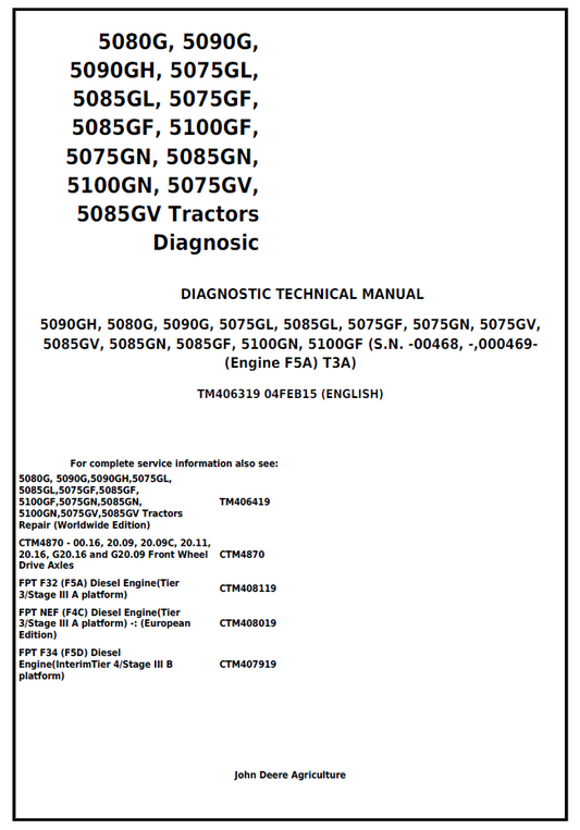 TM406319 John Deere 5075–5100 G GN GF GL Diagnostic Technical Manual PDF