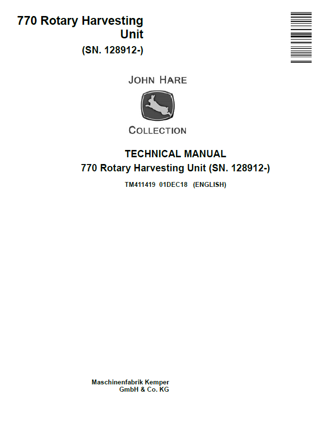 TM411419 John Deere 770 Rotary Harvesting Unit Technical Manual