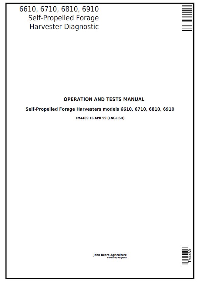 TM4489 John Deere 6610 6710 6810 6910 Forage Harvester Manual