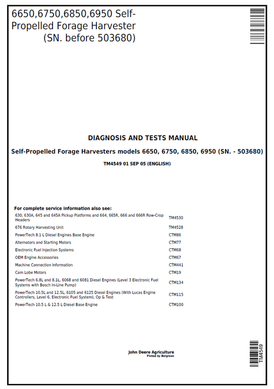 TM4549 John Deere 6650 6750 6850 6950 Forage Harvester Manual