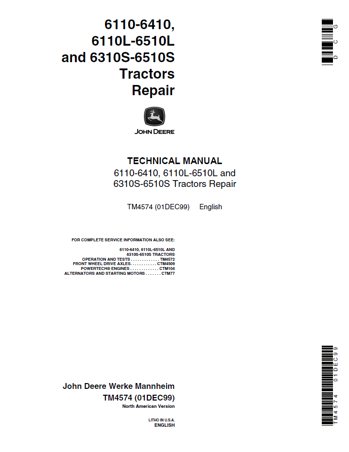 TM4574 John Deere 6110-6510 Tractor Repair Technical Service Manual