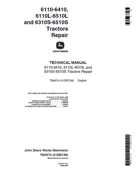 TM4574 John Deere 6110-6510 Tractor Repair Technical Service Manual