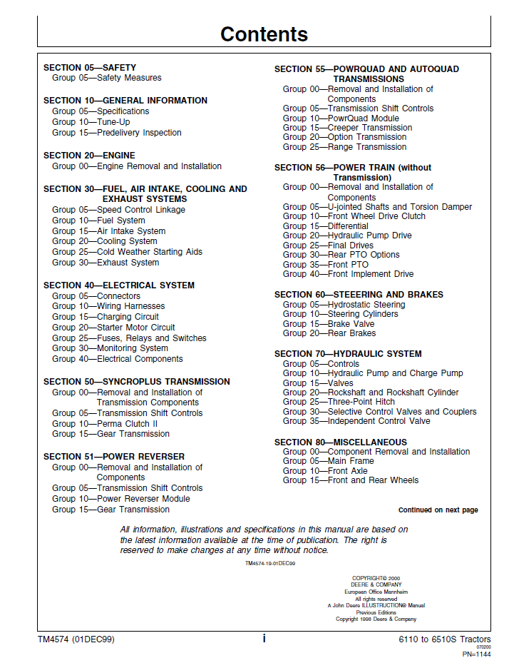 TM4574 John Deere Tractor Technical Repair Manual 6110L 6510L 6310S