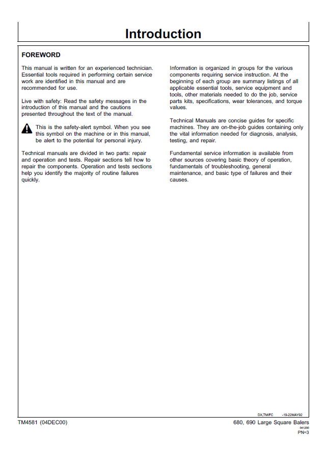TM4581 John Deere 680 690 Baler Technical Repair Service Manual