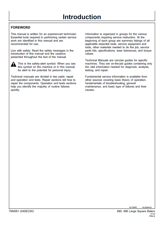 TM4581 John Deere 680 690 Baler Technical Repair Service Manual