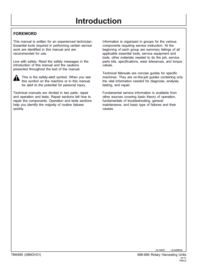 TM4585 John Deere 686 688 Harvester Repair Manual PDF Download