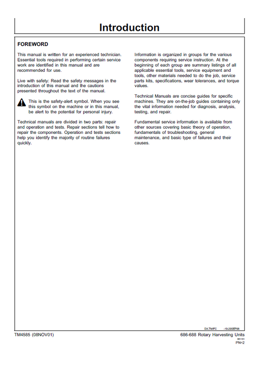 TM4585 John Deere 686 688 Harvester Repair Manual PDF Download