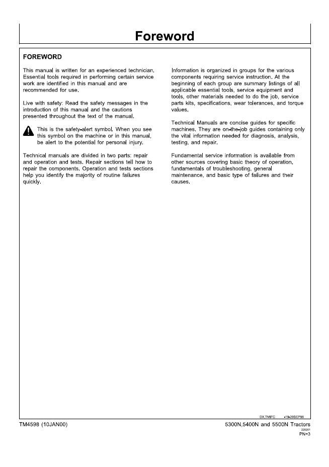 TM4598 John Deere 5300N-5500N Tractor Test & Repair Service Manual