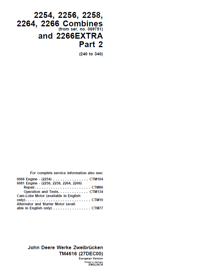 TM4616 John Deere 2254 2256 2258 2264 2266 Combine Repair Manual