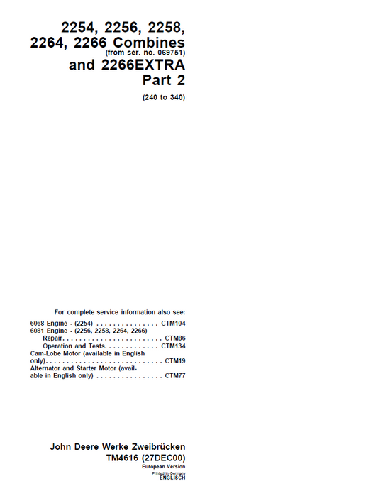 TM4616 John Deere 2254 2256 2258 2264 2266 Combine Repair Manual