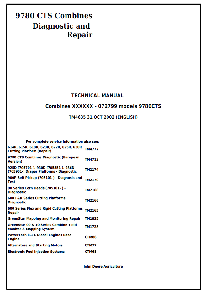 TM4635 John Deere 9780 CTS Combine Diagnostic Repair Manual