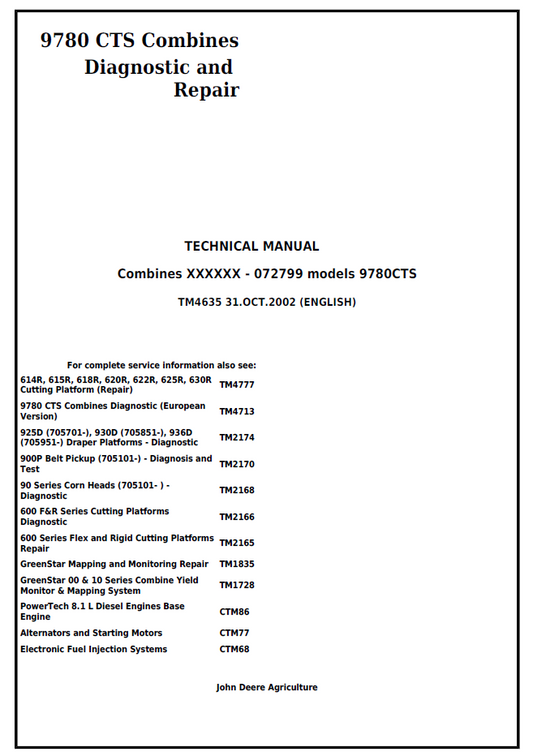 TM4635 John Deere 9780 CTS Combine Diagnostic Repair Manual