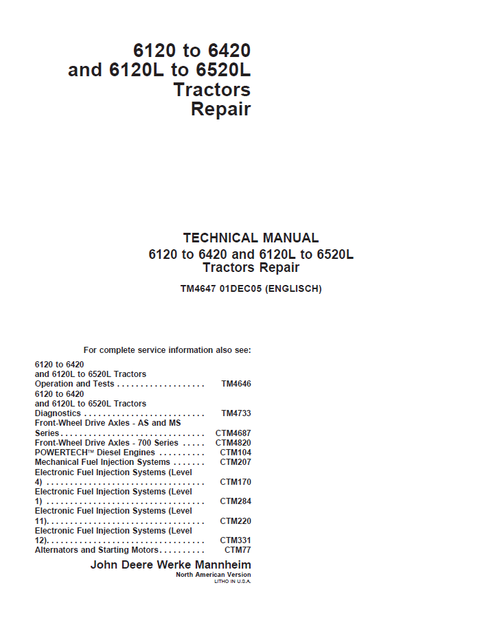 TM4647 John Deere 6120-6420 and 6120L-6520L Tractor Repair Manual