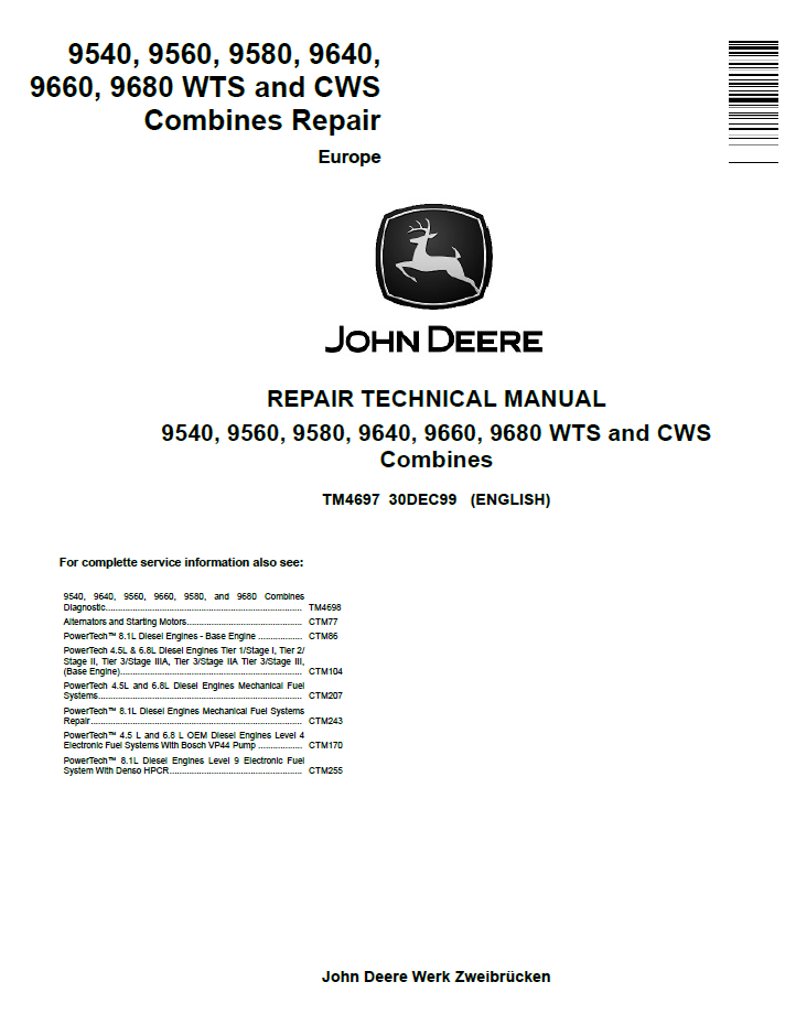 TM4697 John Deere 9540-9680 WTS CWS Combine Repair Manual