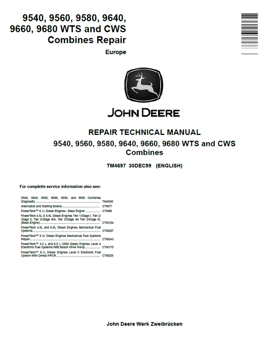 TM4697 John Deere 9540-9680 WTS CWS Combine Repair Manual