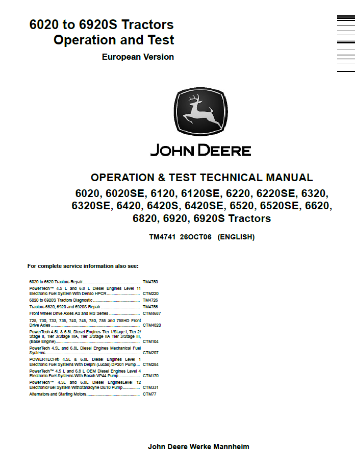 TM4741 John Deere 6020-6920S Tractor Operation & Test Manual