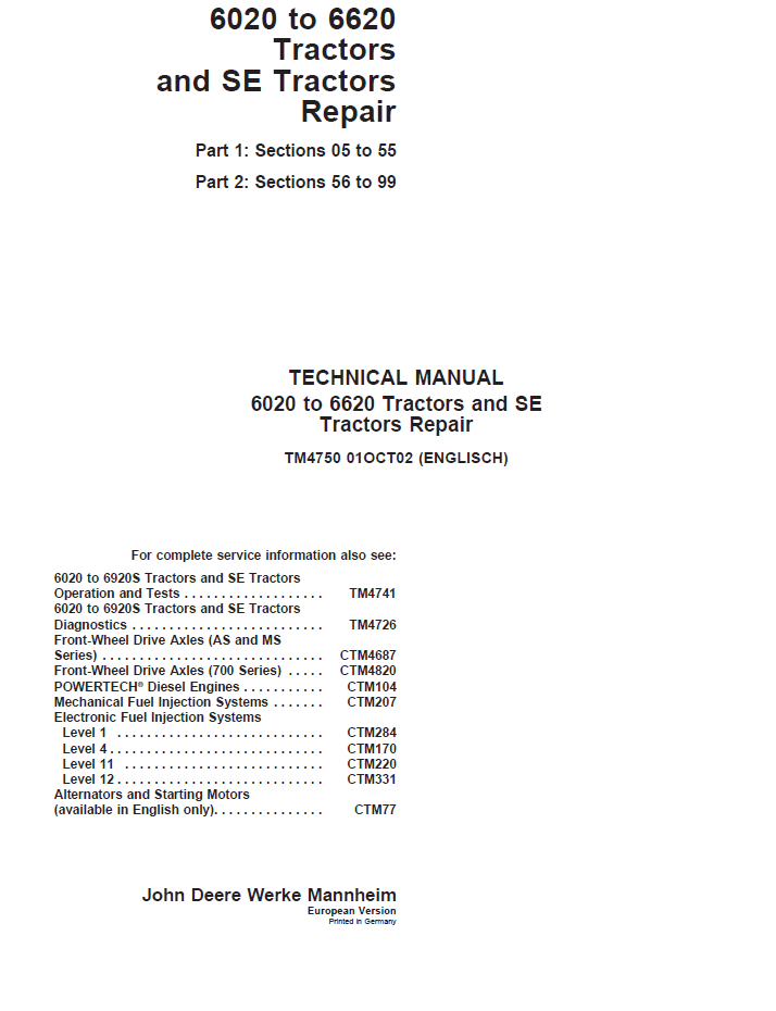 TM4750 John Deere 6020-6620 & SE Tractor Repair Technical Manual
