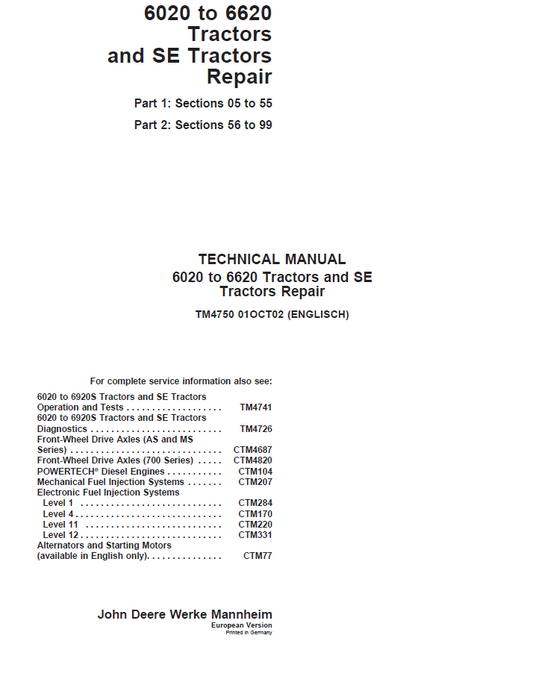 TM4750 John Deere 6020-6620 & SE Tractor Repair Technical Manual