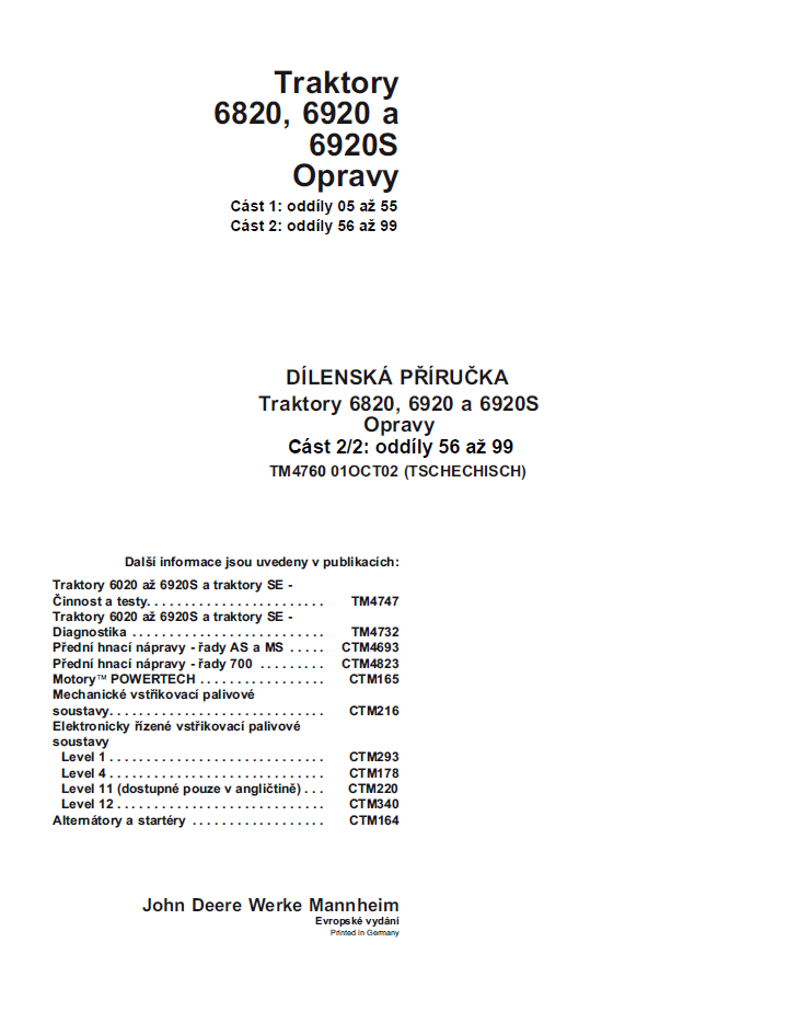 TM4760 John Deere 6820, 6920 & 6920S Tractor Repair Manual PDF