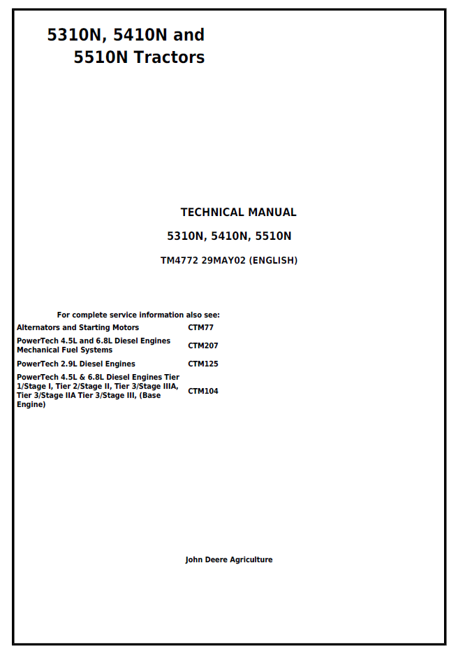 TM4772 John Deere 5310N 5410N 5510N Tractor Technical Manual