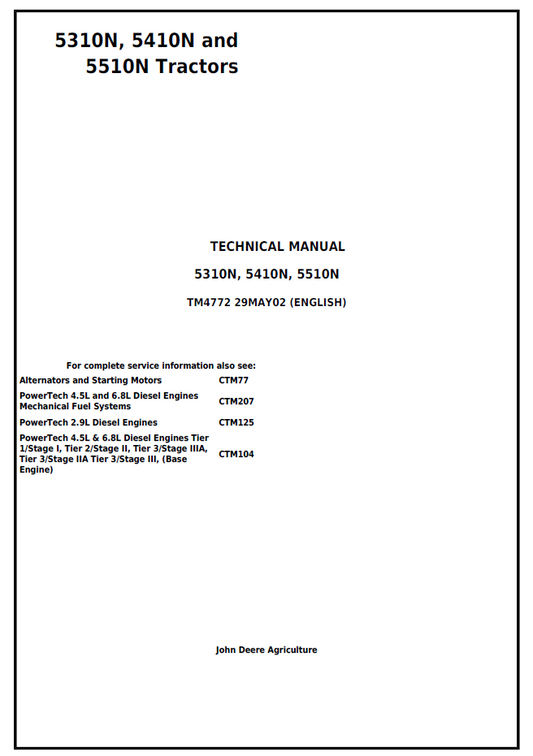 TM4772 John Deere 5310N 5410N 5510N Tractor Technical Manual