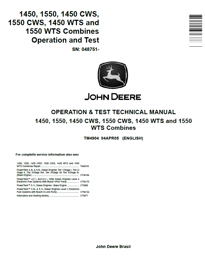 TM4904 John Deere 1450 1550 CWS WTS Combine Operation Test Manual