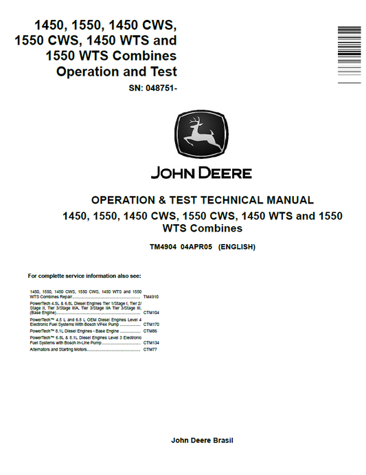 TM4904 John Deere 1450 1550 CWS WTS Combine Operation Test Manual
