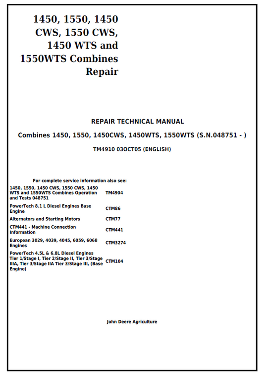 TM4910 John Deere 1450 1550 CWS WTS Combine Repair Manual