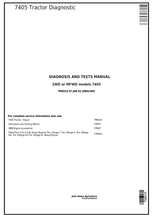 TM6015 John Deere 7405 Tractor Diagnosis & Test Manual